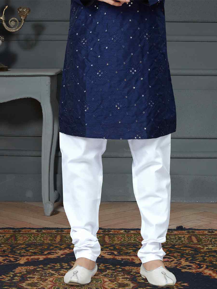 Blue Cotton Art Silk Woven Festival Kurta