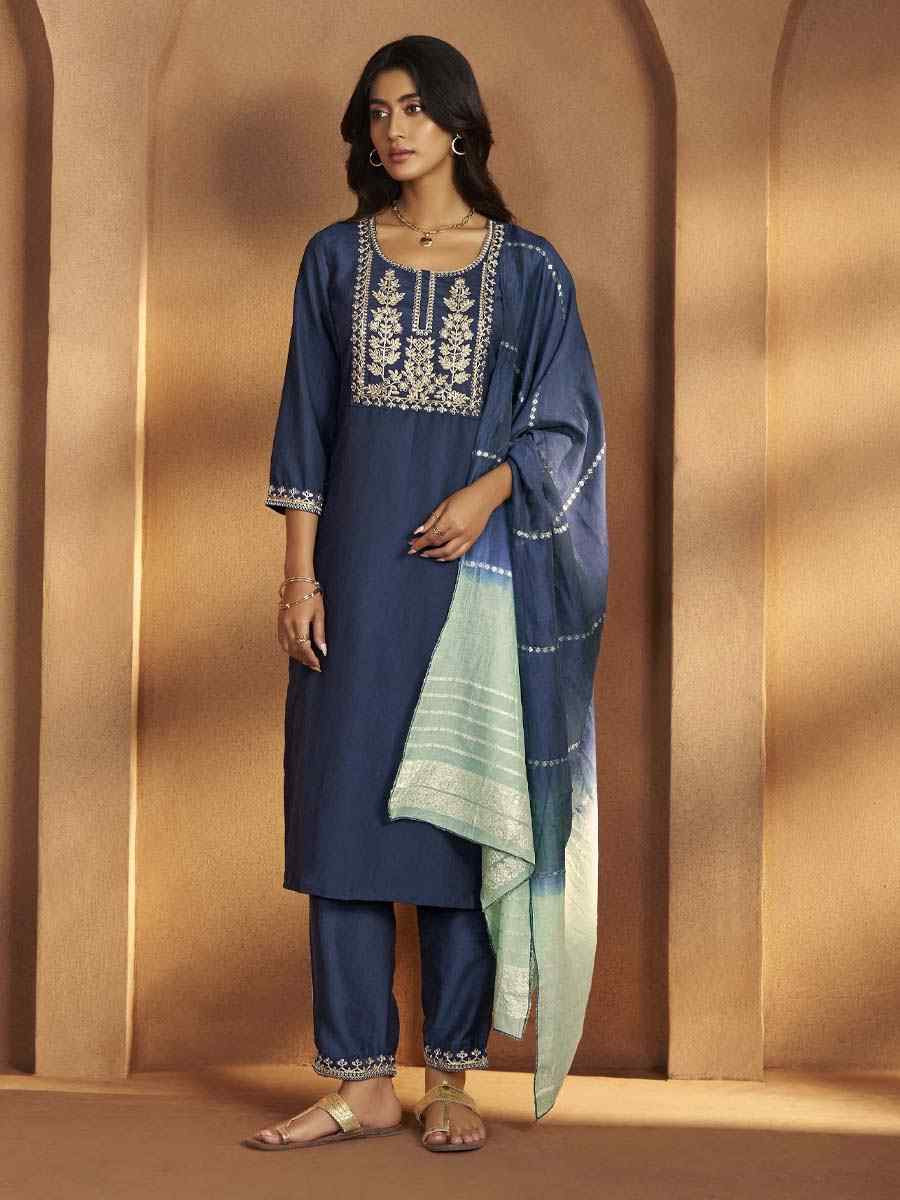 Blue Cotton Blend Embroidery Party Wedding Festival Casual Ready Pant Salwar Kameez
