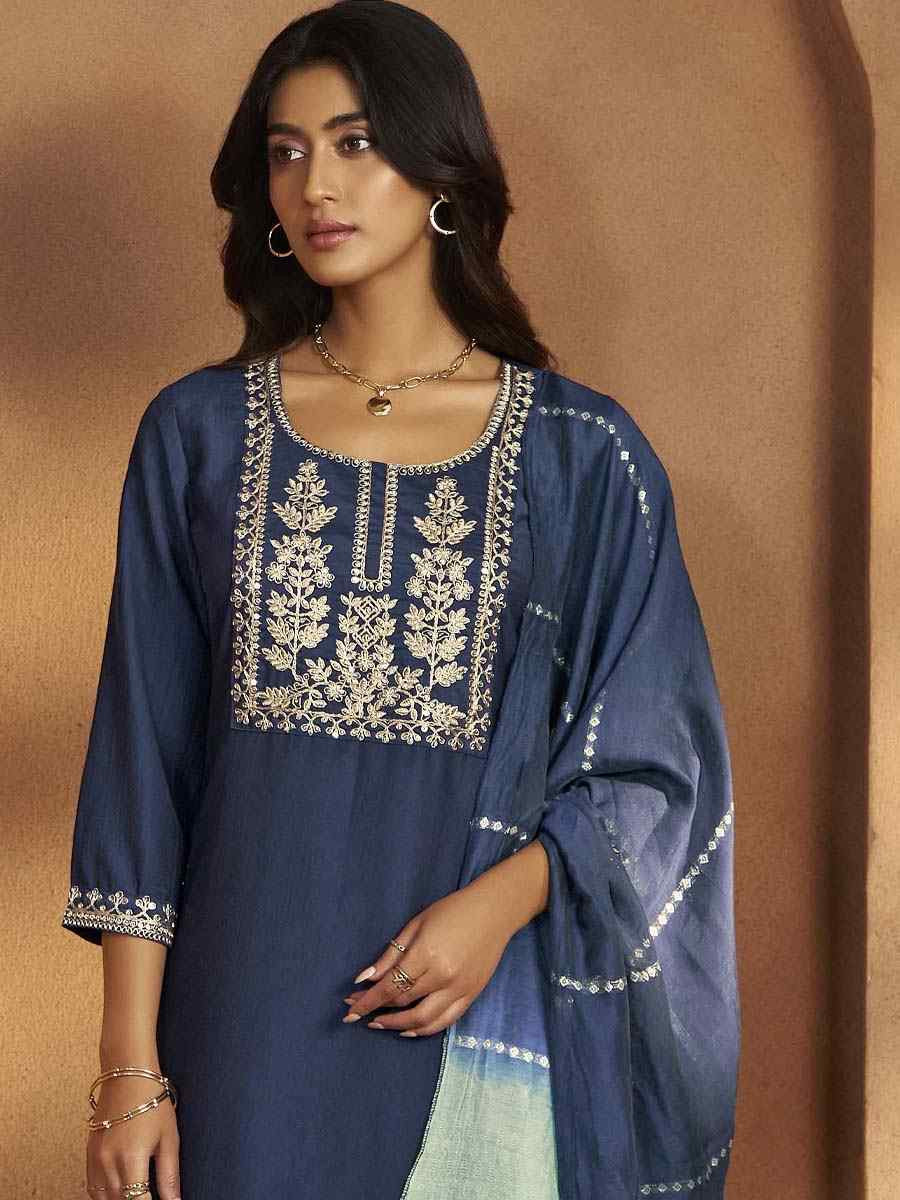 Blue Cotton Blend Embroidery Party Wedding Festival Casual Ready Pant Salwar Kameez