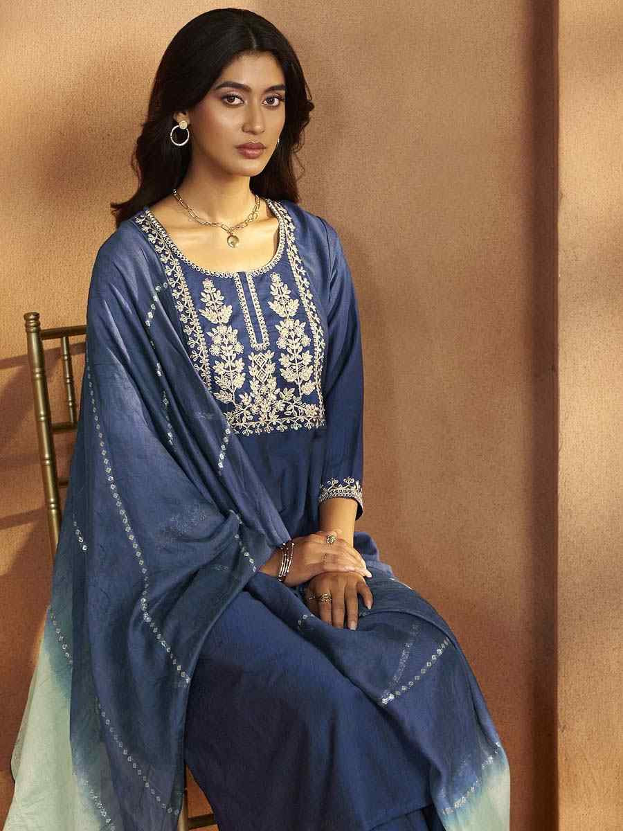 Blue Cotton Blend Embroidery Party Wedding Festival Casual Ready Pant Salwar Kameez