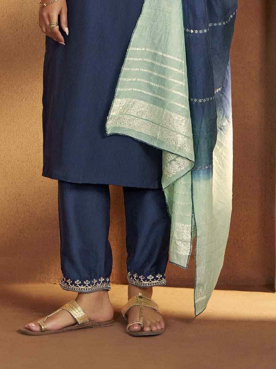 Blue Cotton Blend Embroidery Party Wedding Festival Casual Ready Pant Salwar Kameez