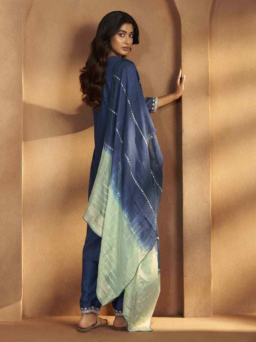 Blue Cotton Blend Embroidery Party Wedding Festival Casual Ready Pant Salwar Kameez