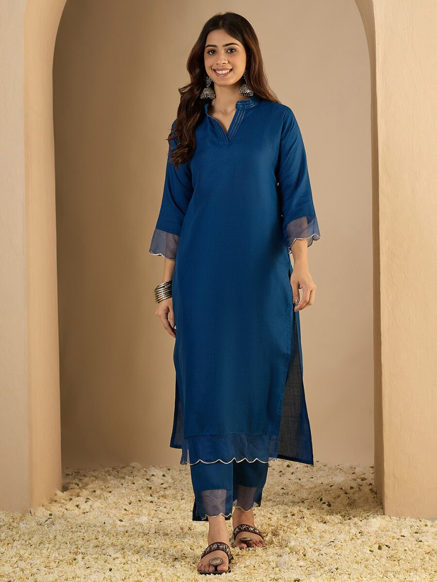 Blue Cotton Blend Plain Party Wedding Festival Casual Ready Pant Salwar Kameez