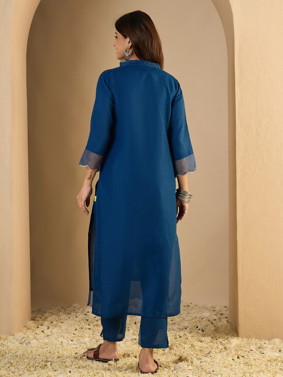 Blue Cotton Blend Plain Party Wedding Festival Casual Ready Pant Salwar Kameez