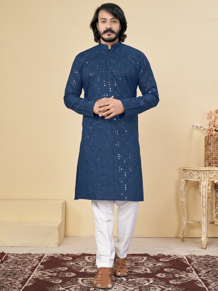Blue Cotton Embroidered Festival Casual Kurta