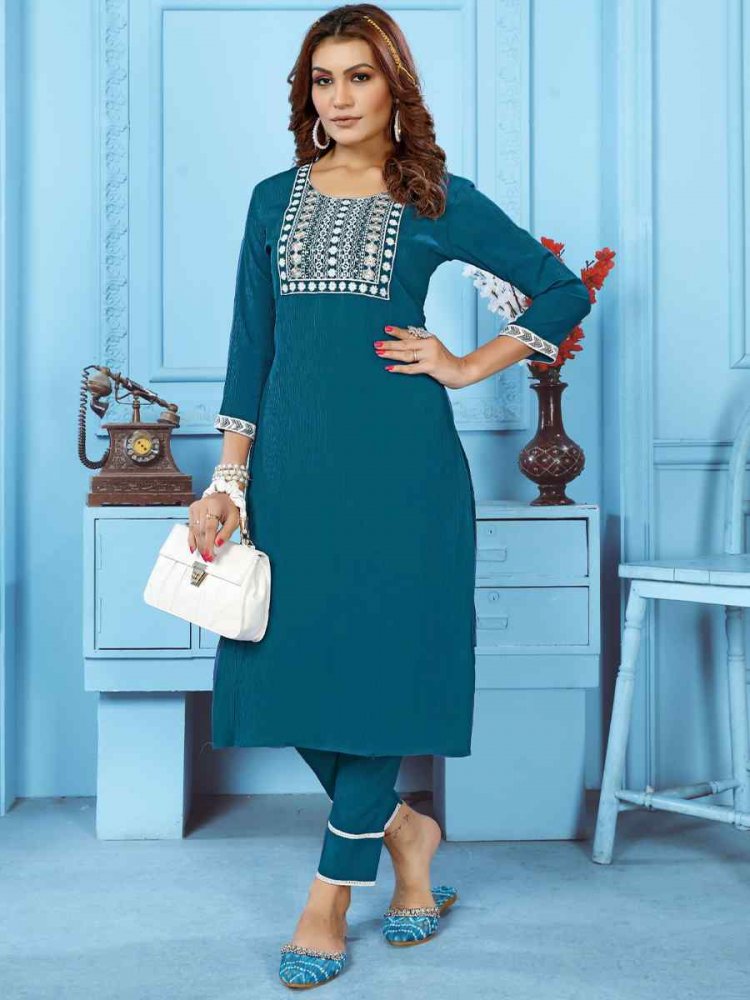 Blue Cotton Embroidered Festival Casual Kurti With Bottom
