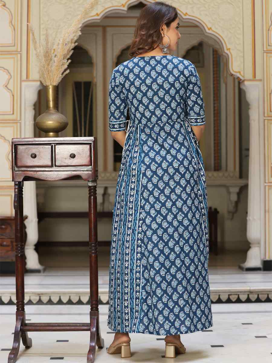 Blue Cotton Embroidered Festival Party Gown