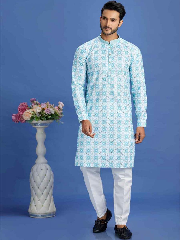 Blue Cotton Embroidered Festival Party Kurta