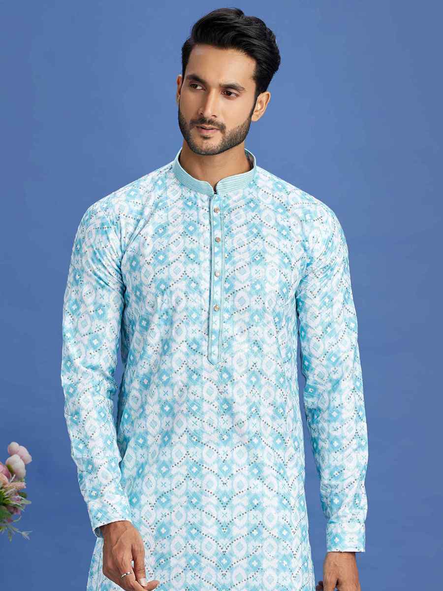 Blue Cotton Embroidered Festival Party Kurta