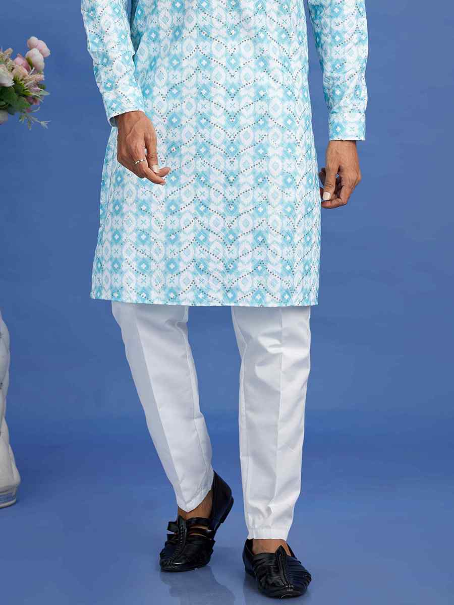 Blue Cotton Embroidered Festival Party Kurta