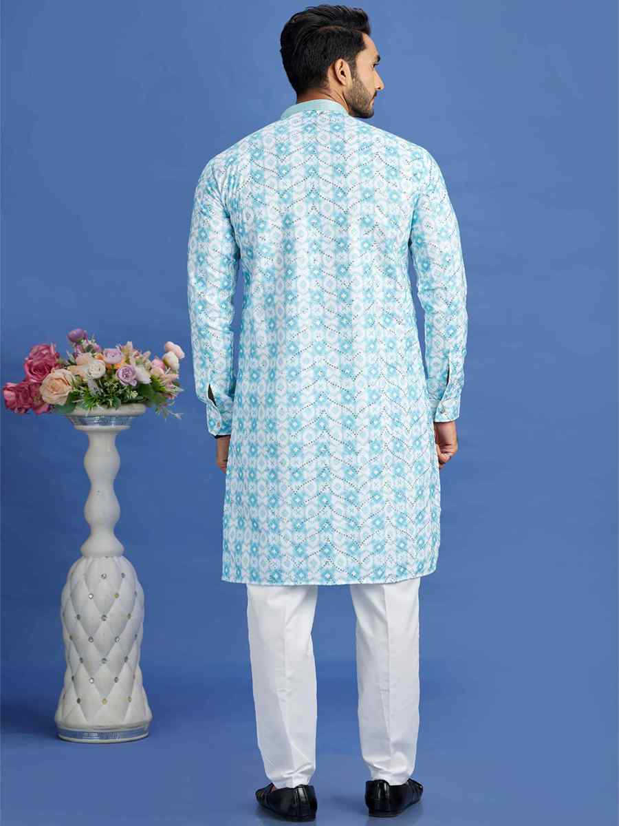 Blue Cotton Embroidered Festival Party Kurta