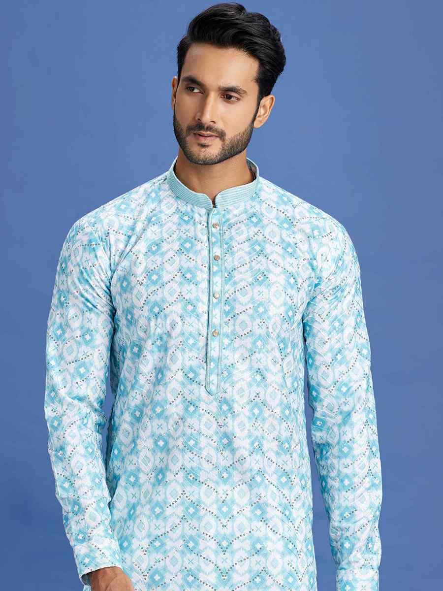 Blue Cotton Embroidered Festival Party Kurta