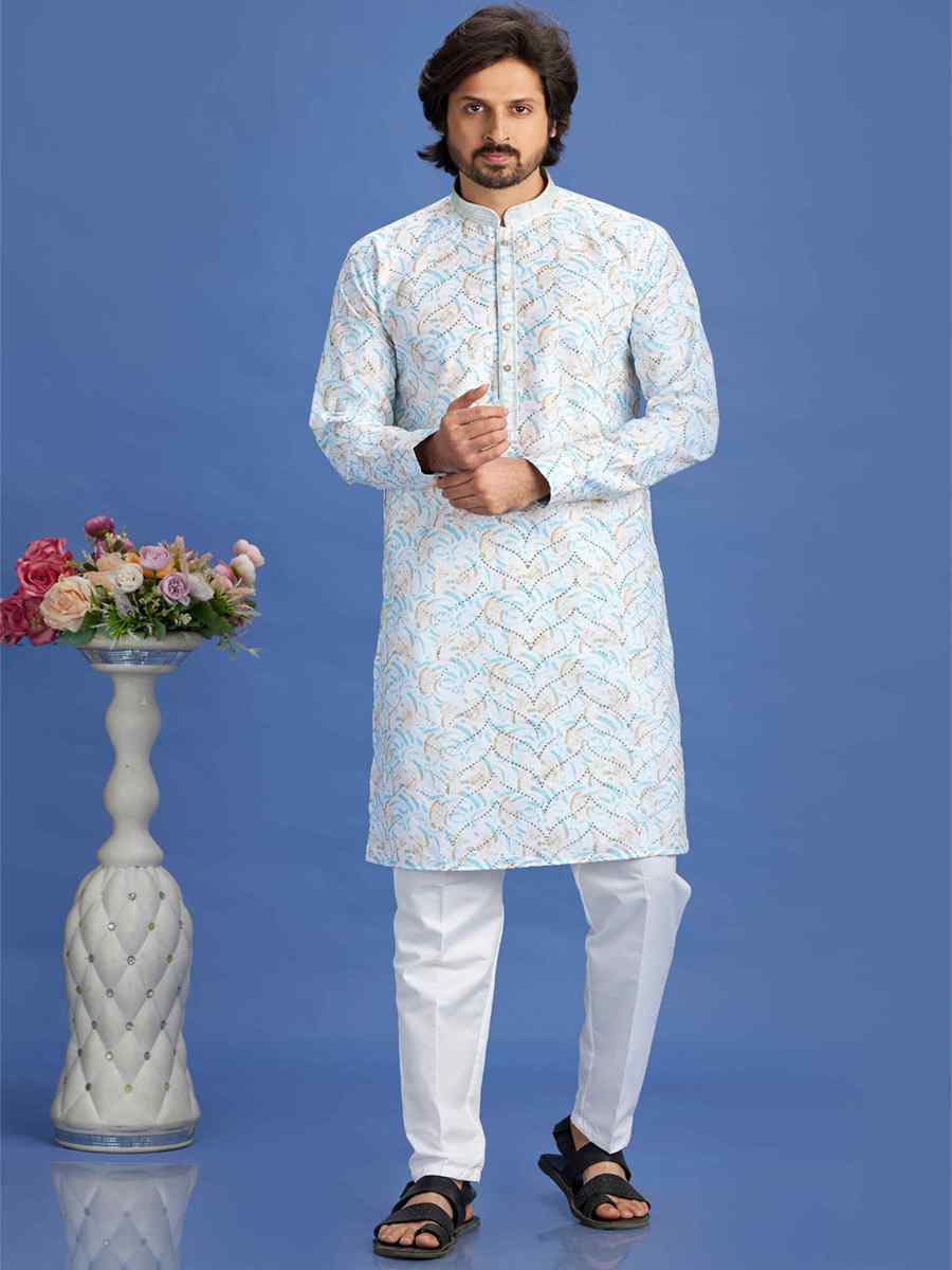 Blue Cotton Embroidered Festival Party Kurta