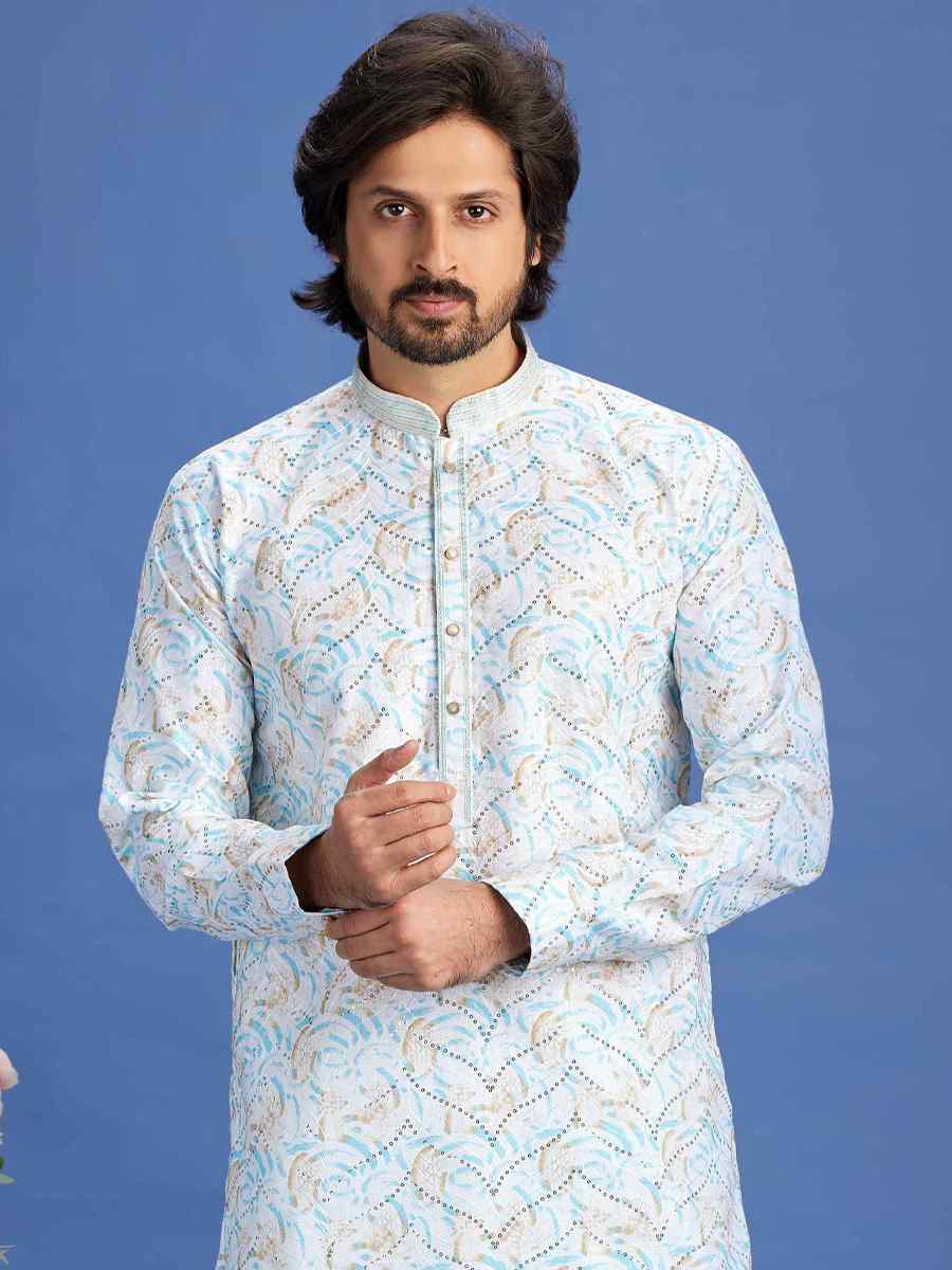 Blue Cotton Embroidered Festival Party Kurta