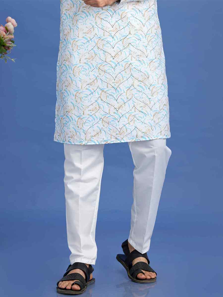 Blue Cotton Embroidered Festival Party Kurta