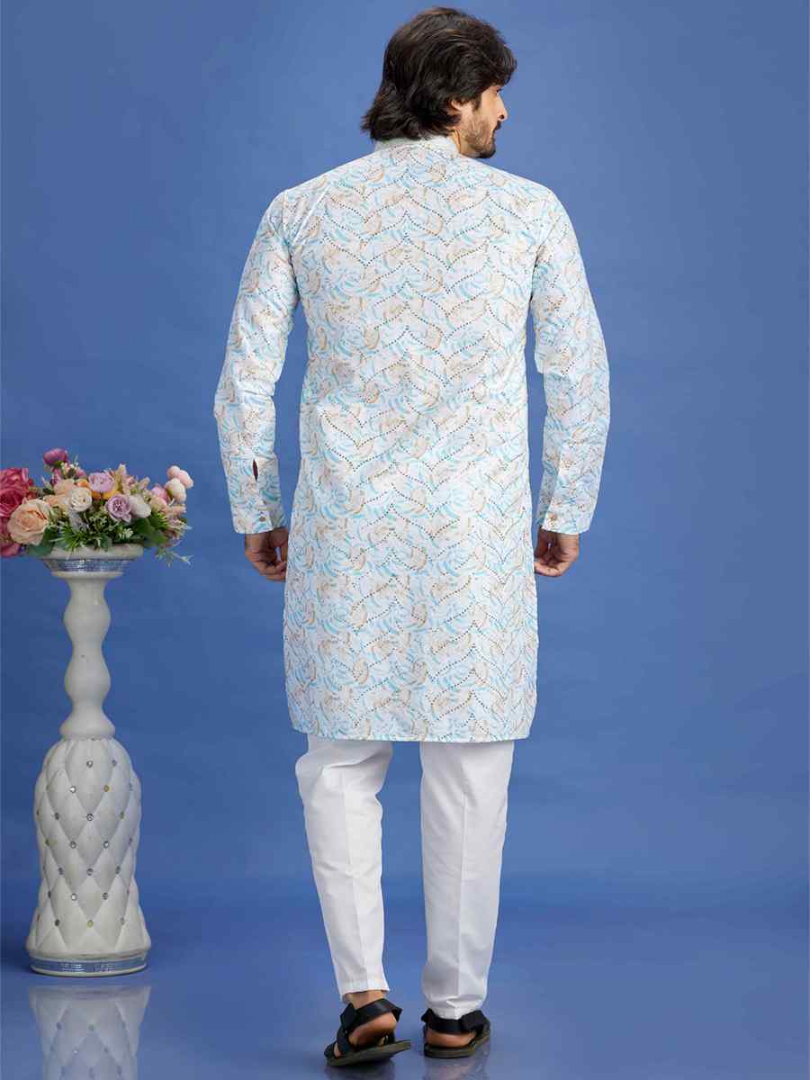 Blue Cotton Embroidered Festival Party Kurta