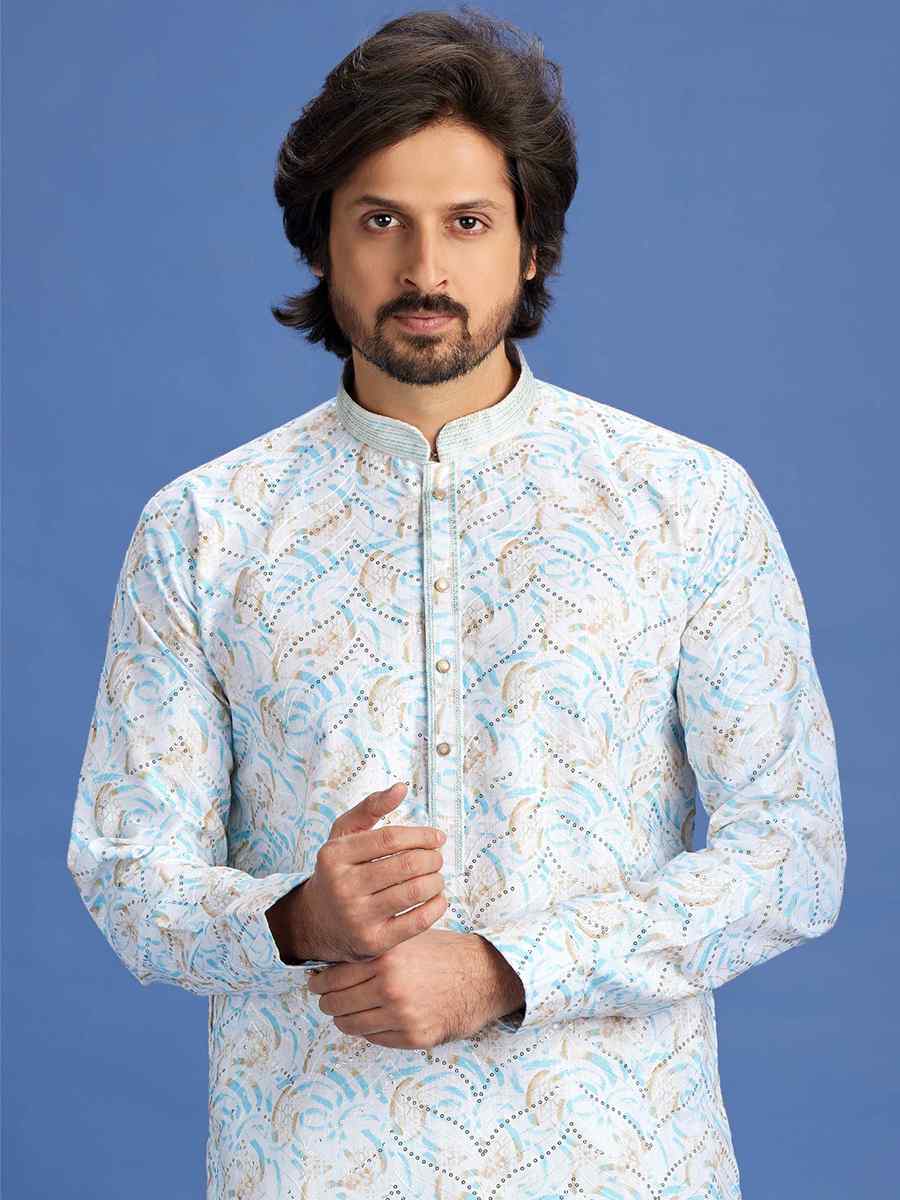 Blue Cotton Embroidered Festival Party Kurta