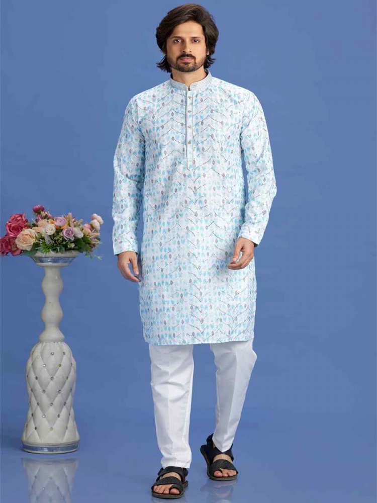 Blue Cotton Embroidered Festival Party Kurta