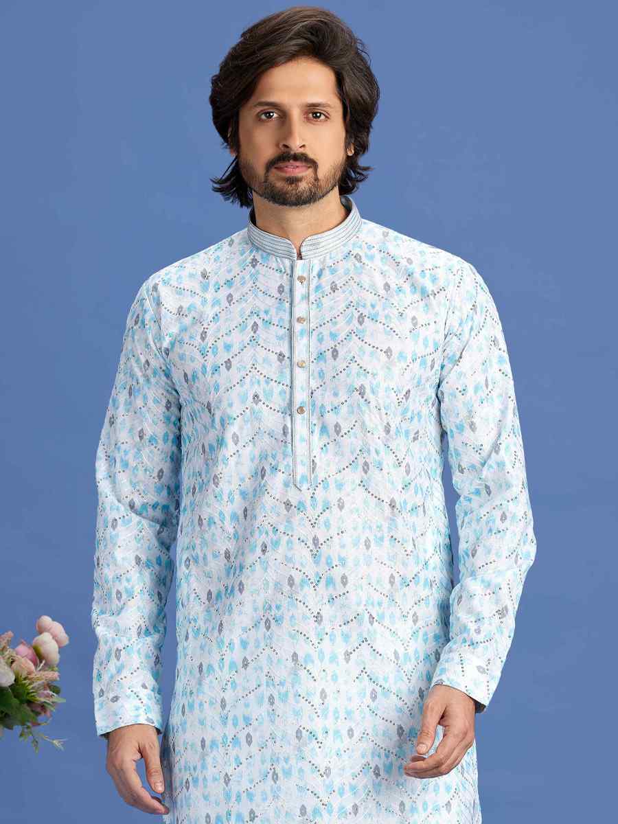 Blue Cotton Embroidered Festival Party Kurta
