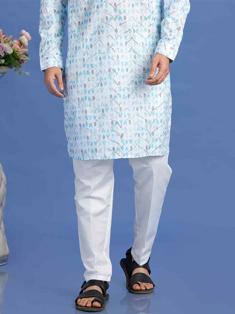 Blue Cotton Embroidered Festival Party Kurta