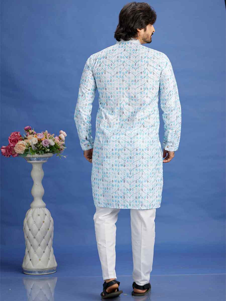 Blue Cotton Embroidered Festival Party Kurta