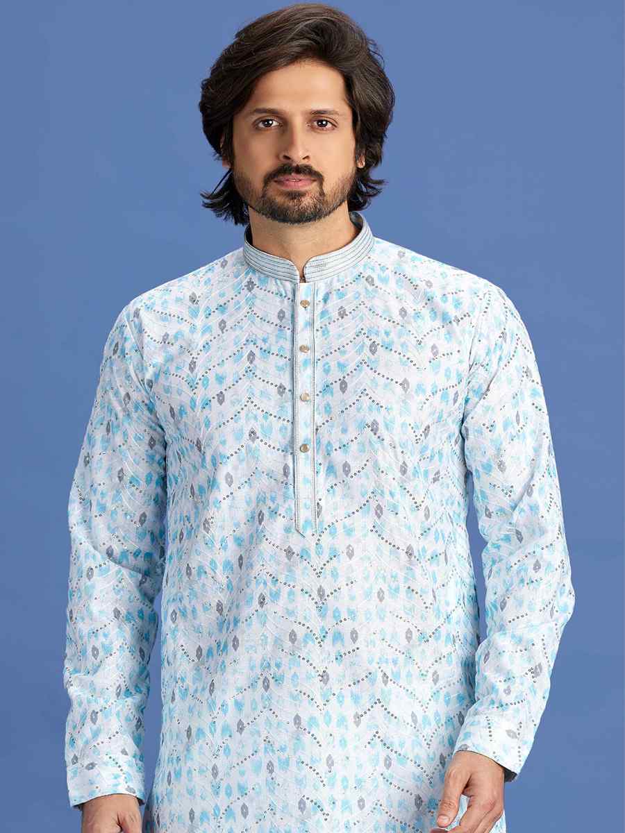 Blue Cotton Embroidered Festival Party Kurta