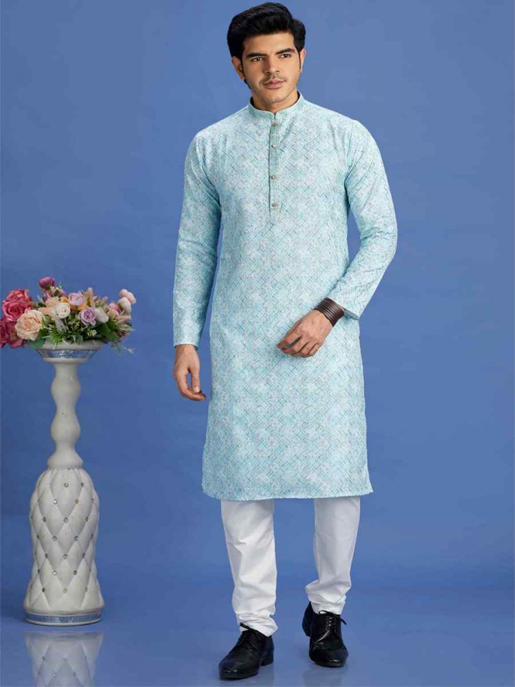 Blue Cotton Embroidered Festival Party Kurta