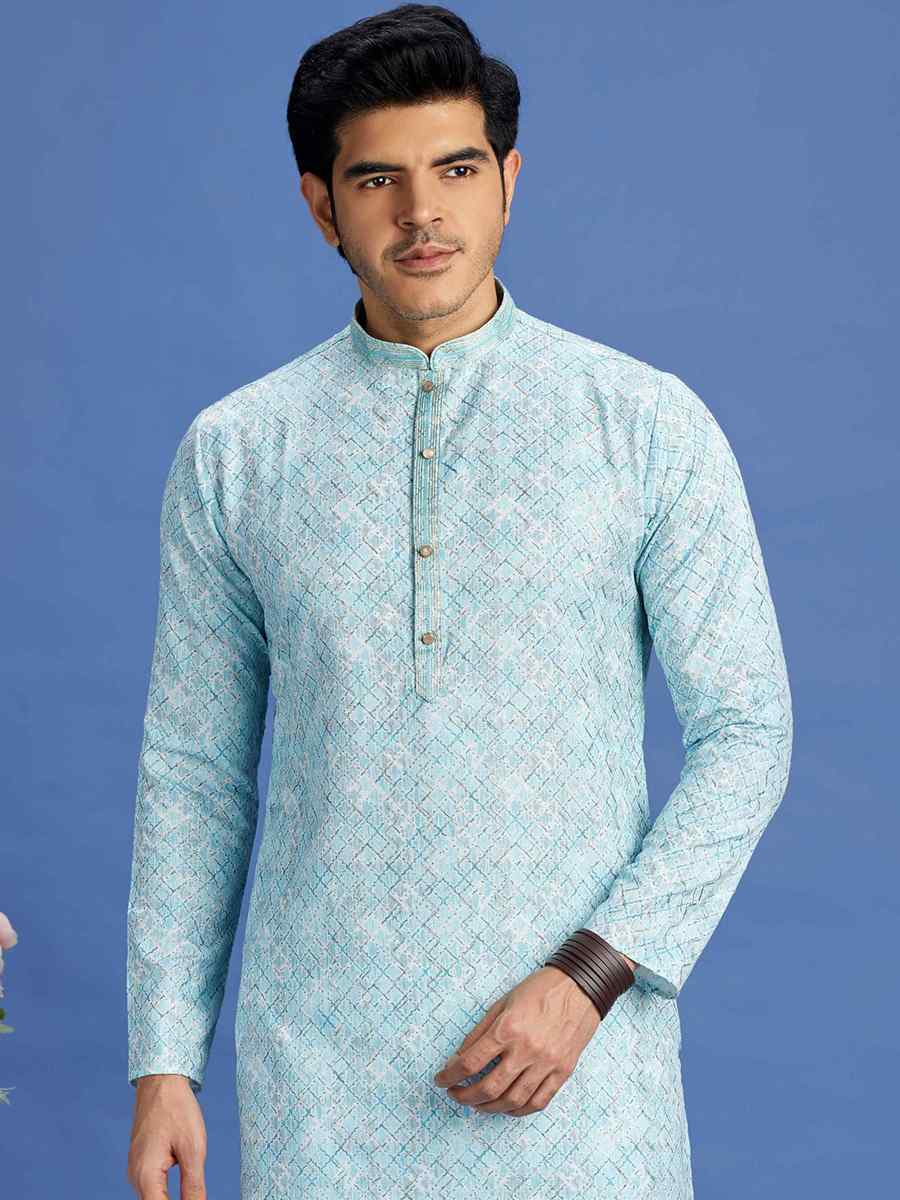 Blue Cotton Embroidered Festival Party Kurta