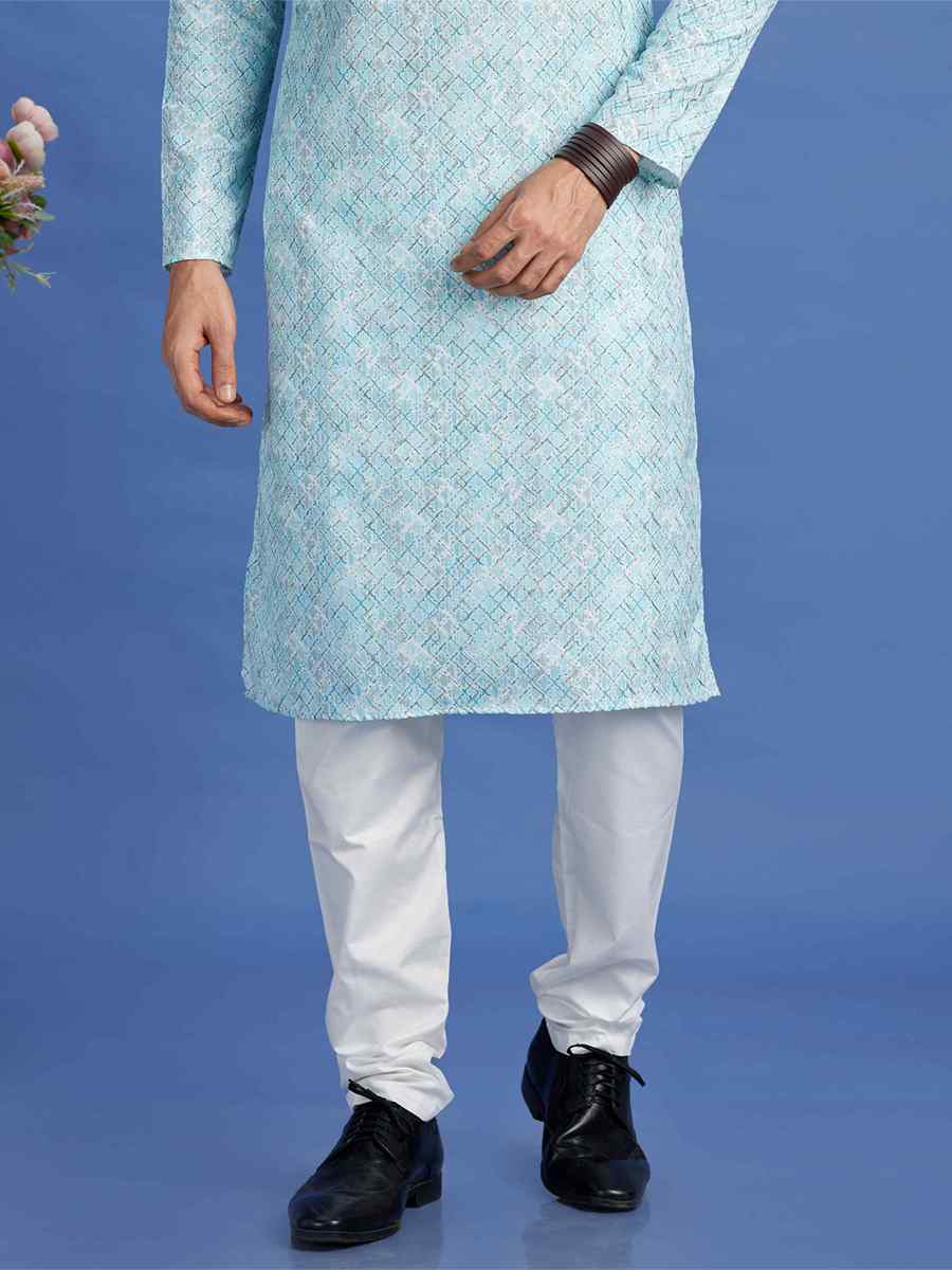 Blue Cotton Embroidered Festival Party Kurta