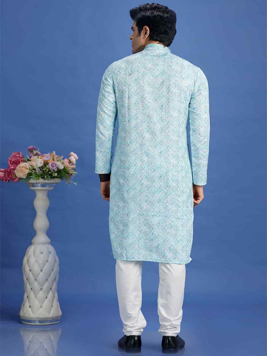 Blue Cotton Embroidered Festival Party Kurta