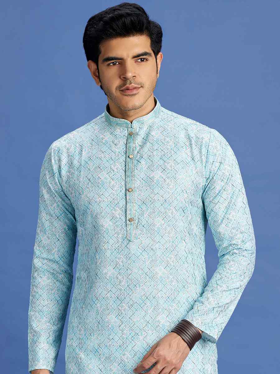 Blue Cotton Embroidered Festival Party Kurta