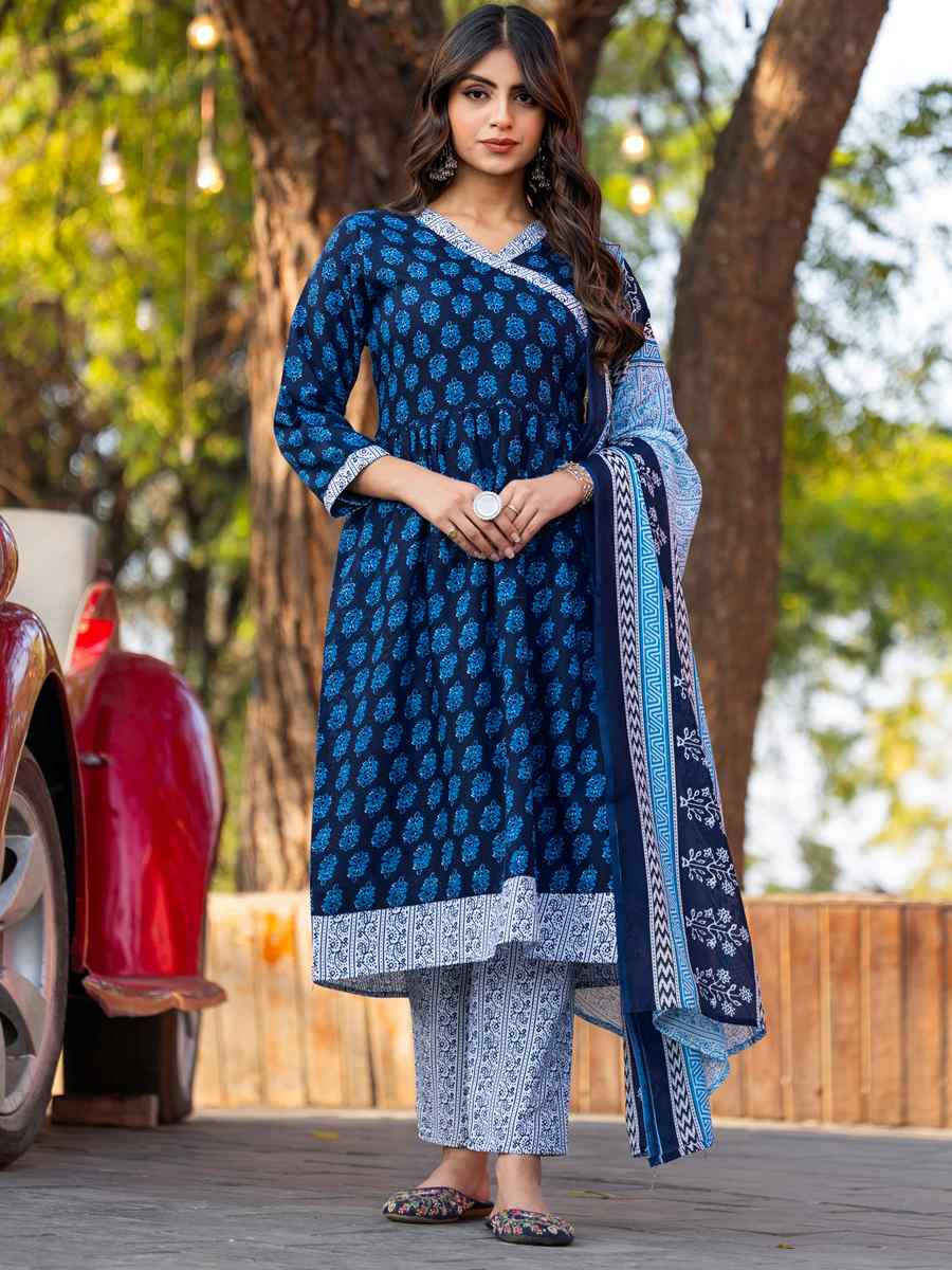 Blue Cotton Embroidered Party Wedding Ready Pant Salwar Kameez