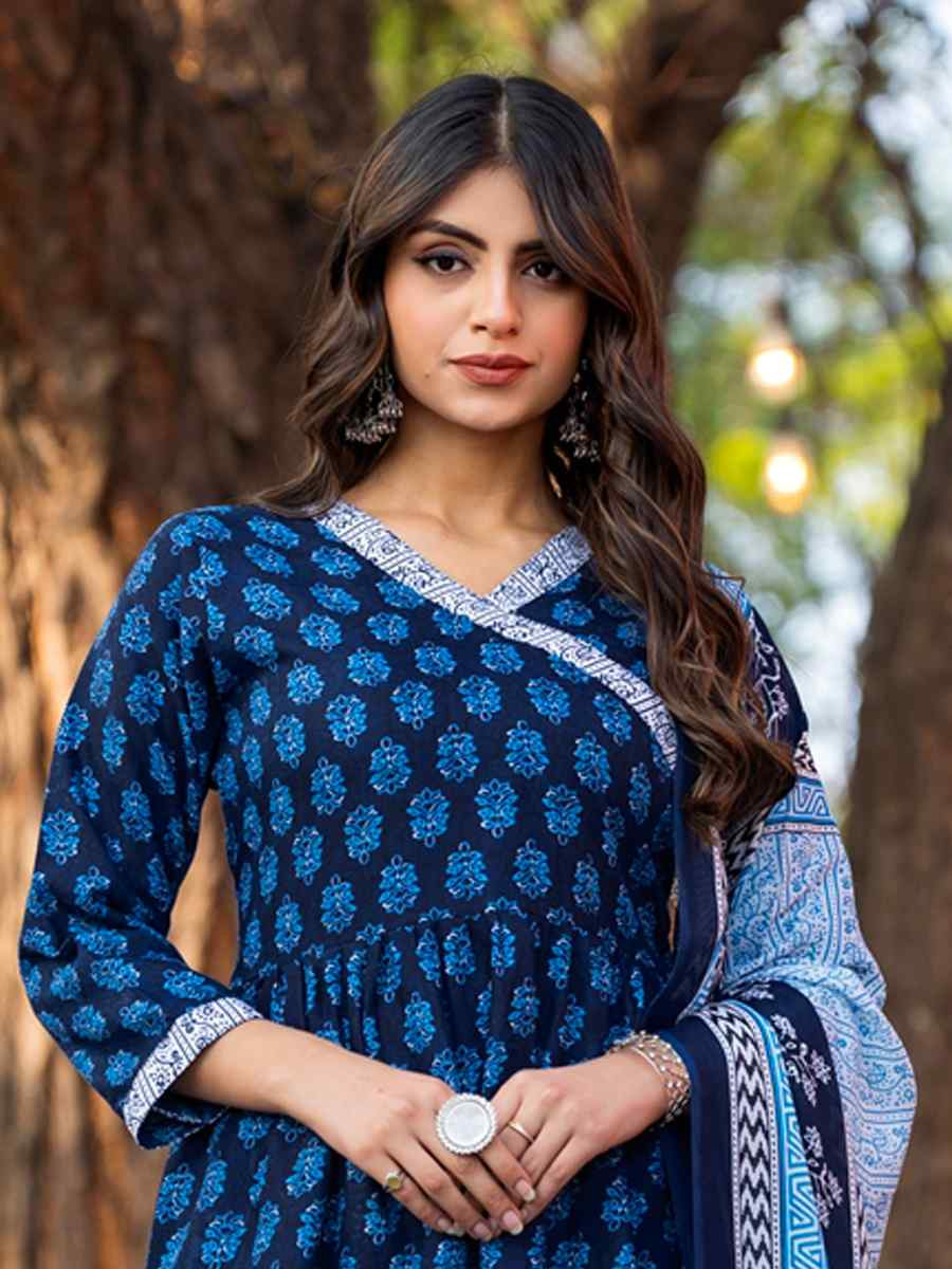 Blue Cotton Embroidered Party Wedding Ready Pant Salwar Kameez