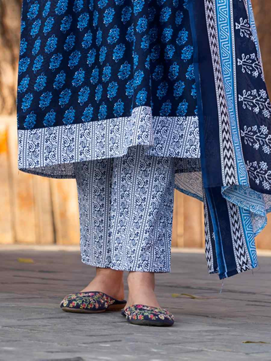 Blue Cotton Embroidered Party Wedding Ready Pant Salwar Kameez