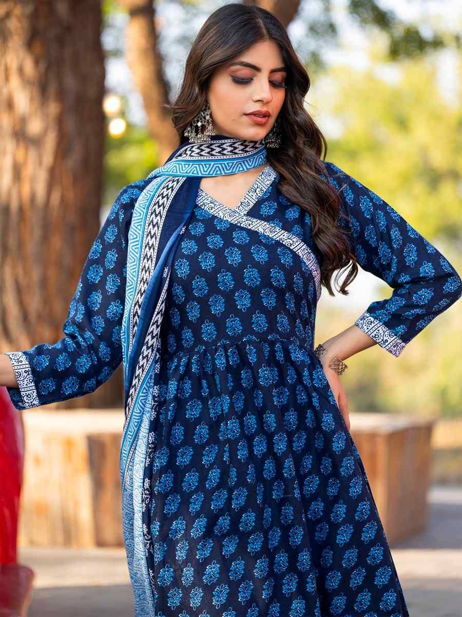 Blue Cotton Embroidered Party Wedding Ready Pant Salwar Kameez