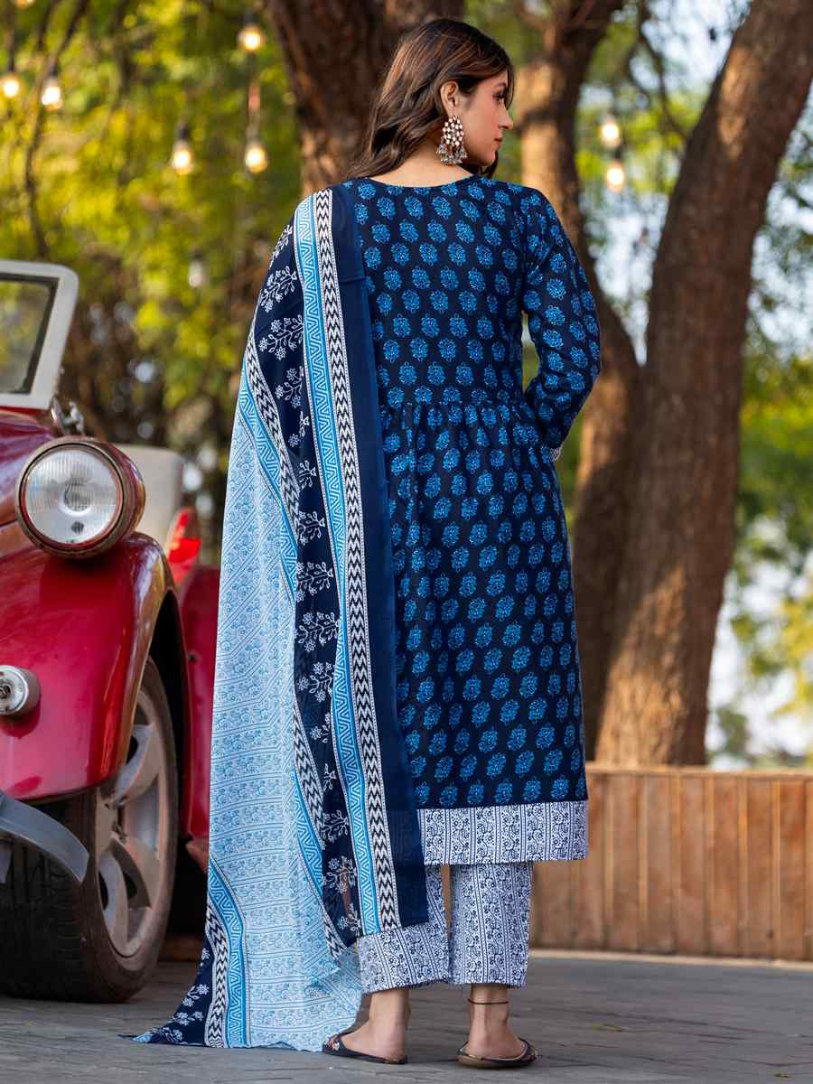 Blue Cotton Embroidered Party Wedding Ready Pant Salwar Kameez