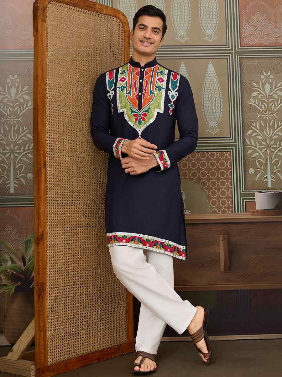 Blue Cotton Embroidery Festival Wedding Party Kurta