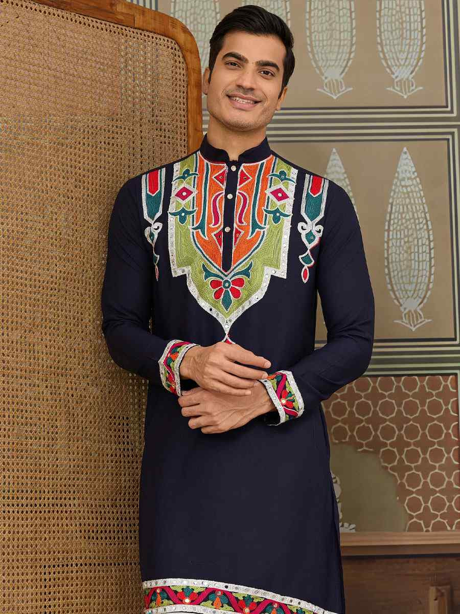 Blue Cotton Embroidery Festival Wedding Party Kurta
