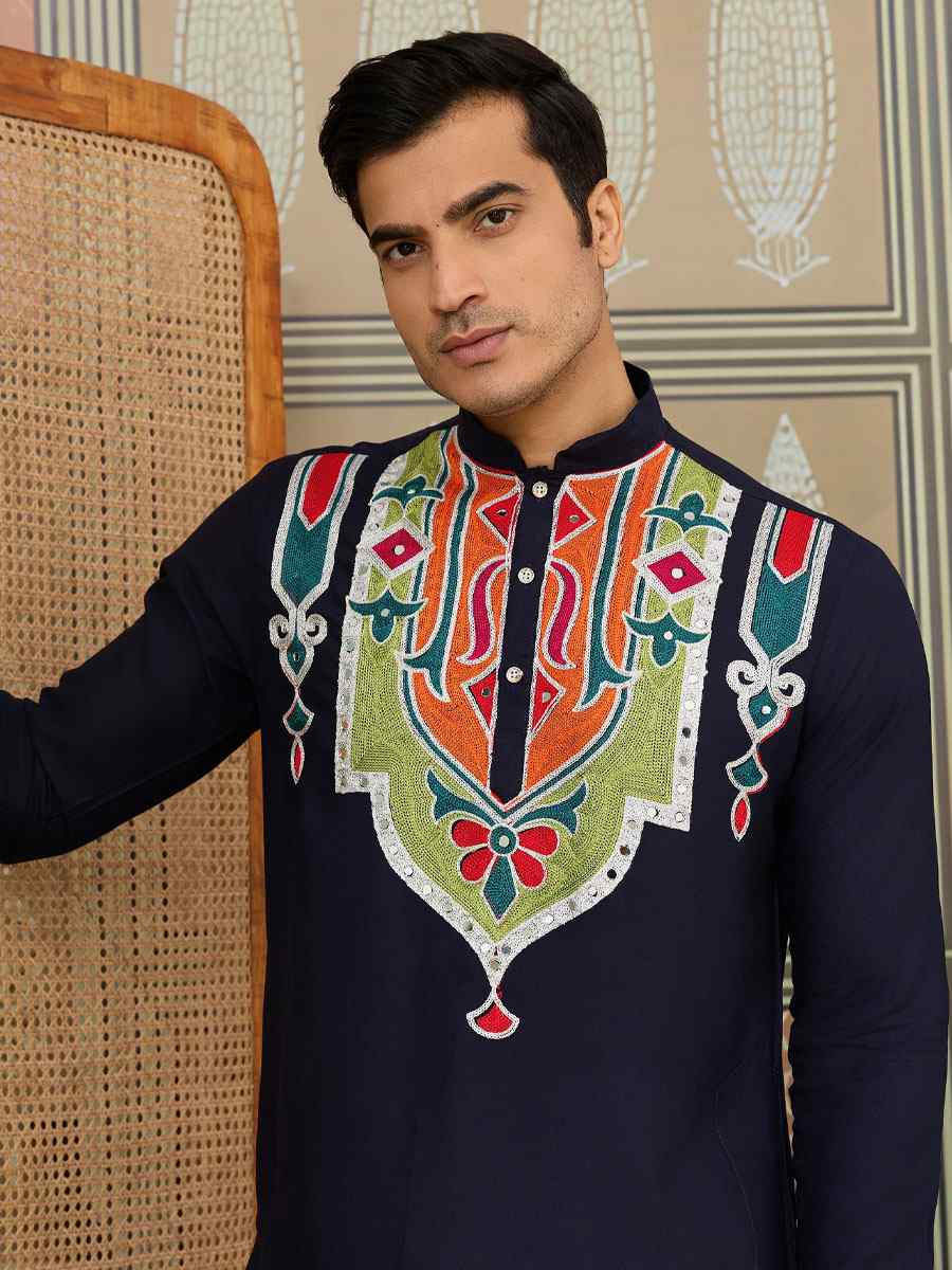 Blue Cotton Embroidery Festival Wedding Party Kurta