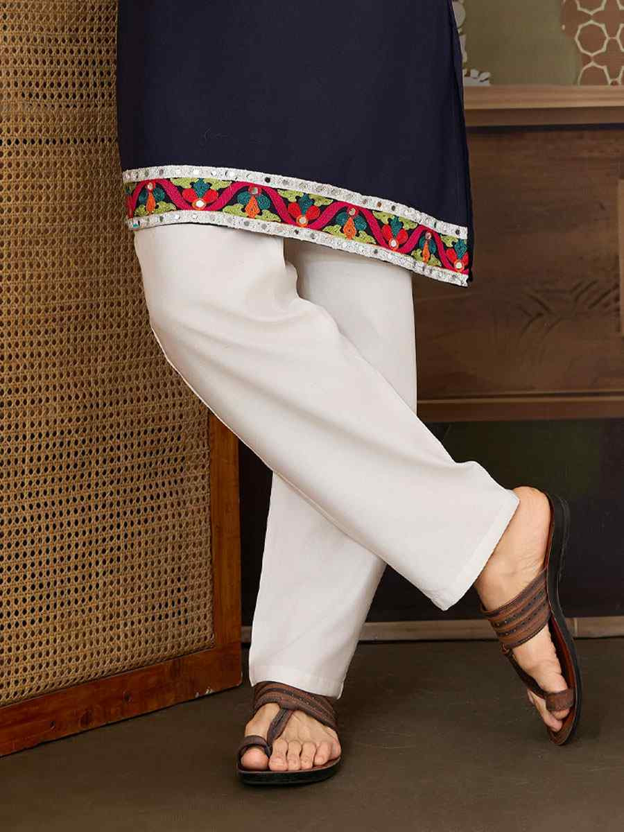 Blue Cotton Embroidery Festival Wedding Party Kurta