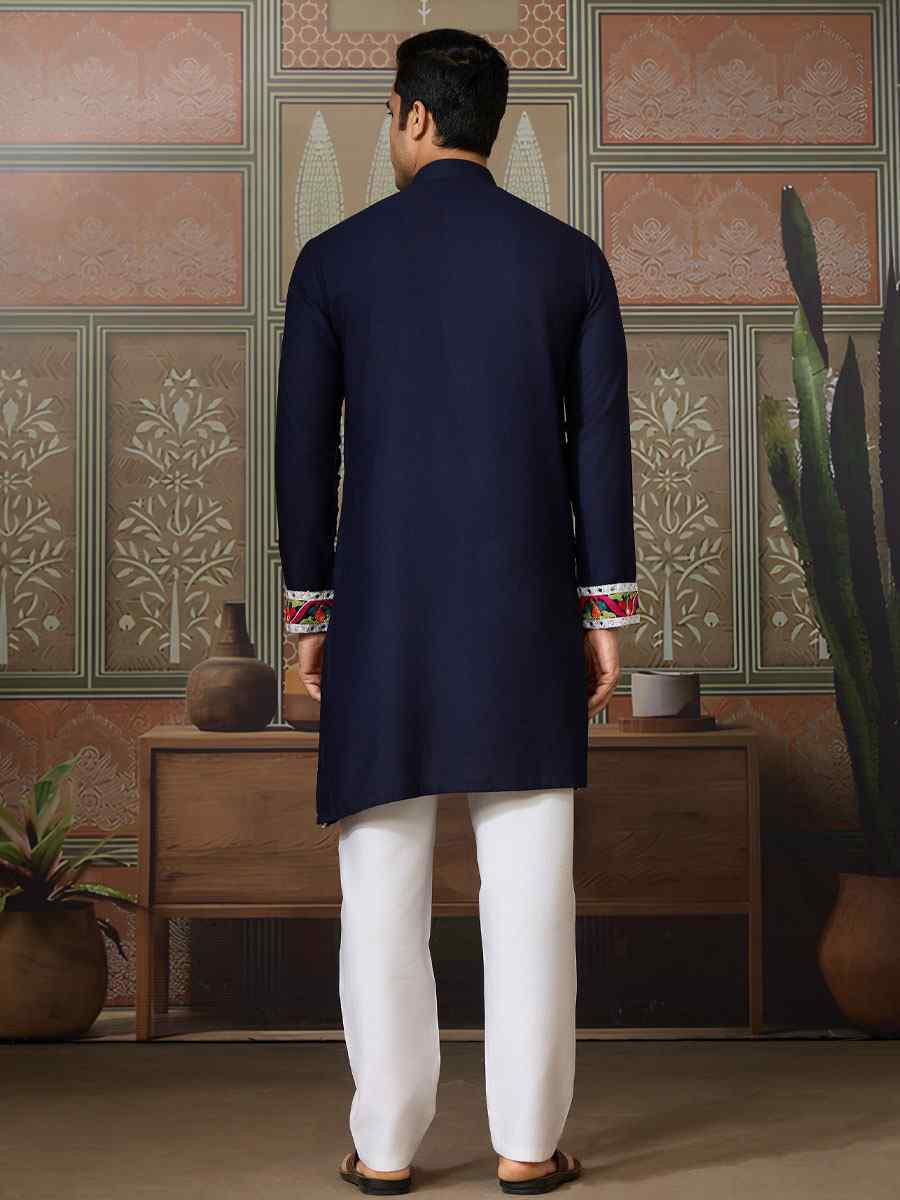 Blue Cotton Embroidery Festival Wedding Party Kurta