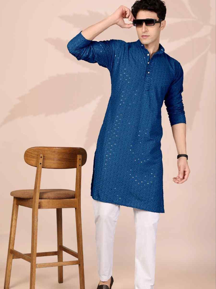 Blue Cotton Embroidery Festival Wedding Party Mens Kurta