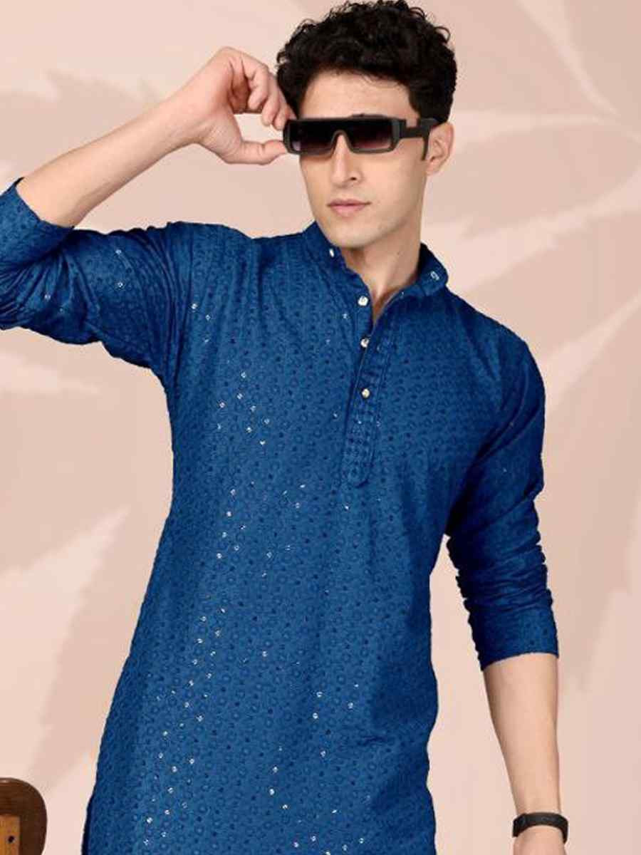 Blue Cotton Embroidery Festival Wedding Party Mens Kurta