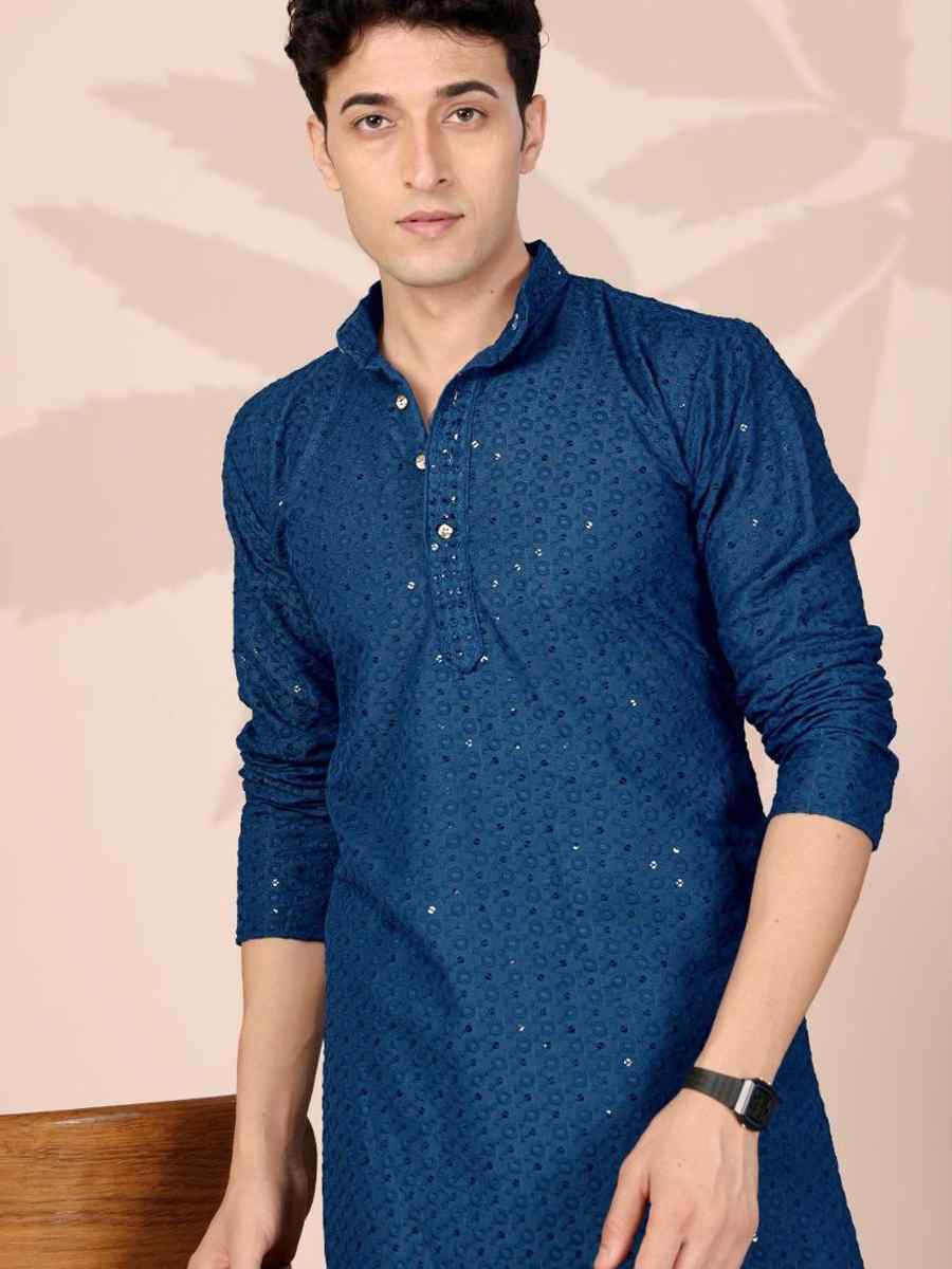 Blue Cotton Embroidery Festival Wedding Party Mens Kurta