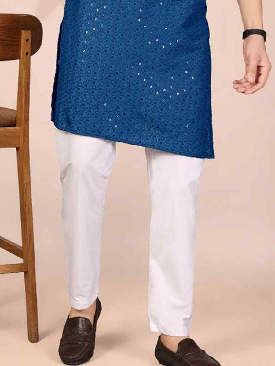Blue Cotton Embroidery Festival Wedding Party Mens Kurta