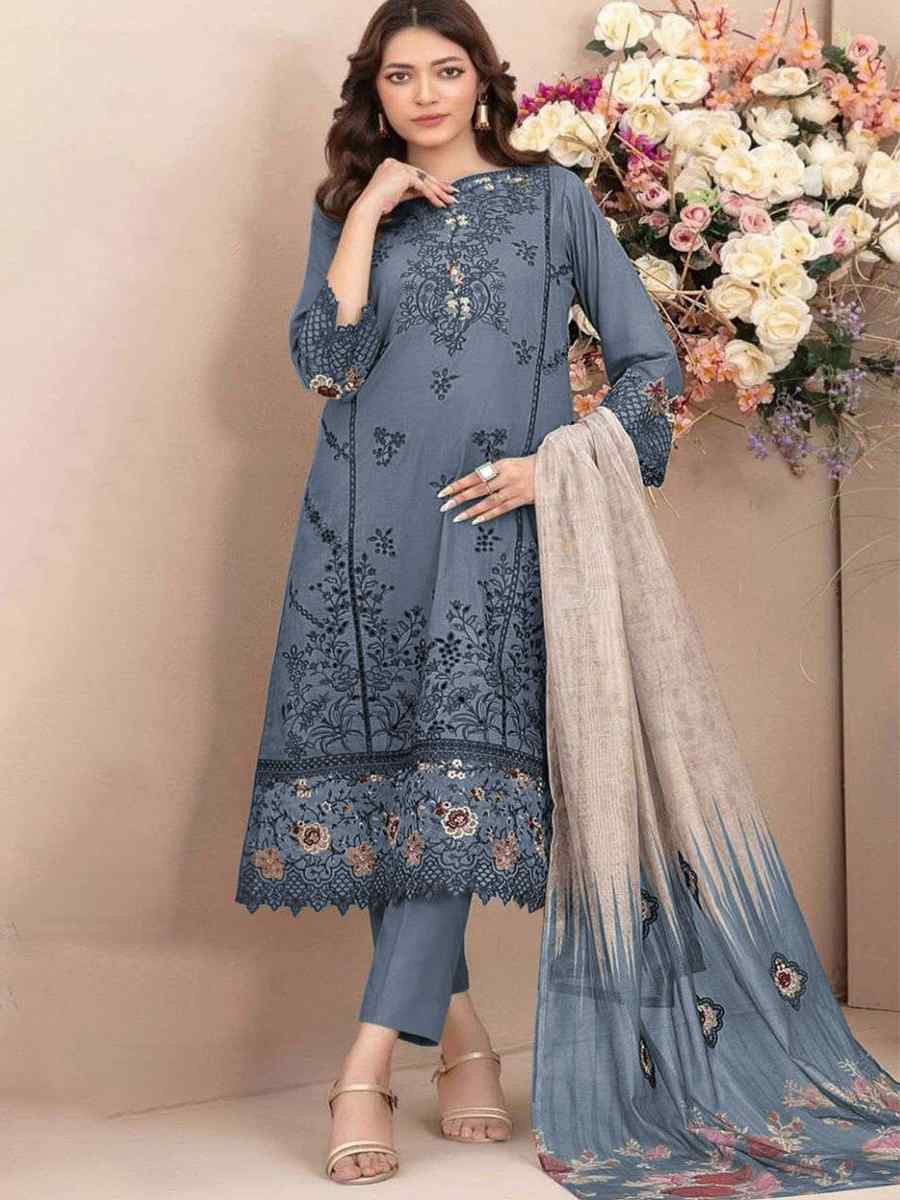 Blue Cotton Embroidery Party Wedding Festival Casual Pant Salwar Kameez