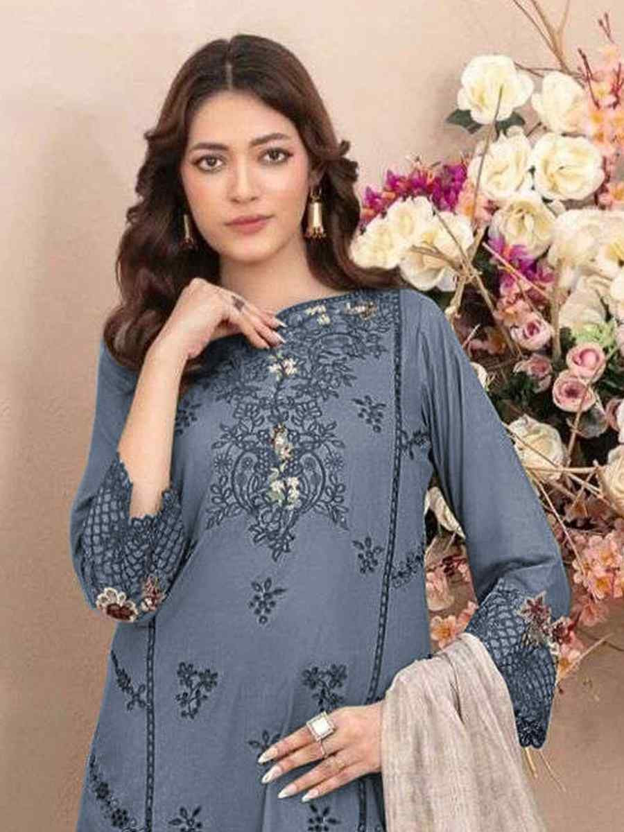 Blue Cotton Embroidery Party Wedding Festival Casual Pant Salwar Kameez
