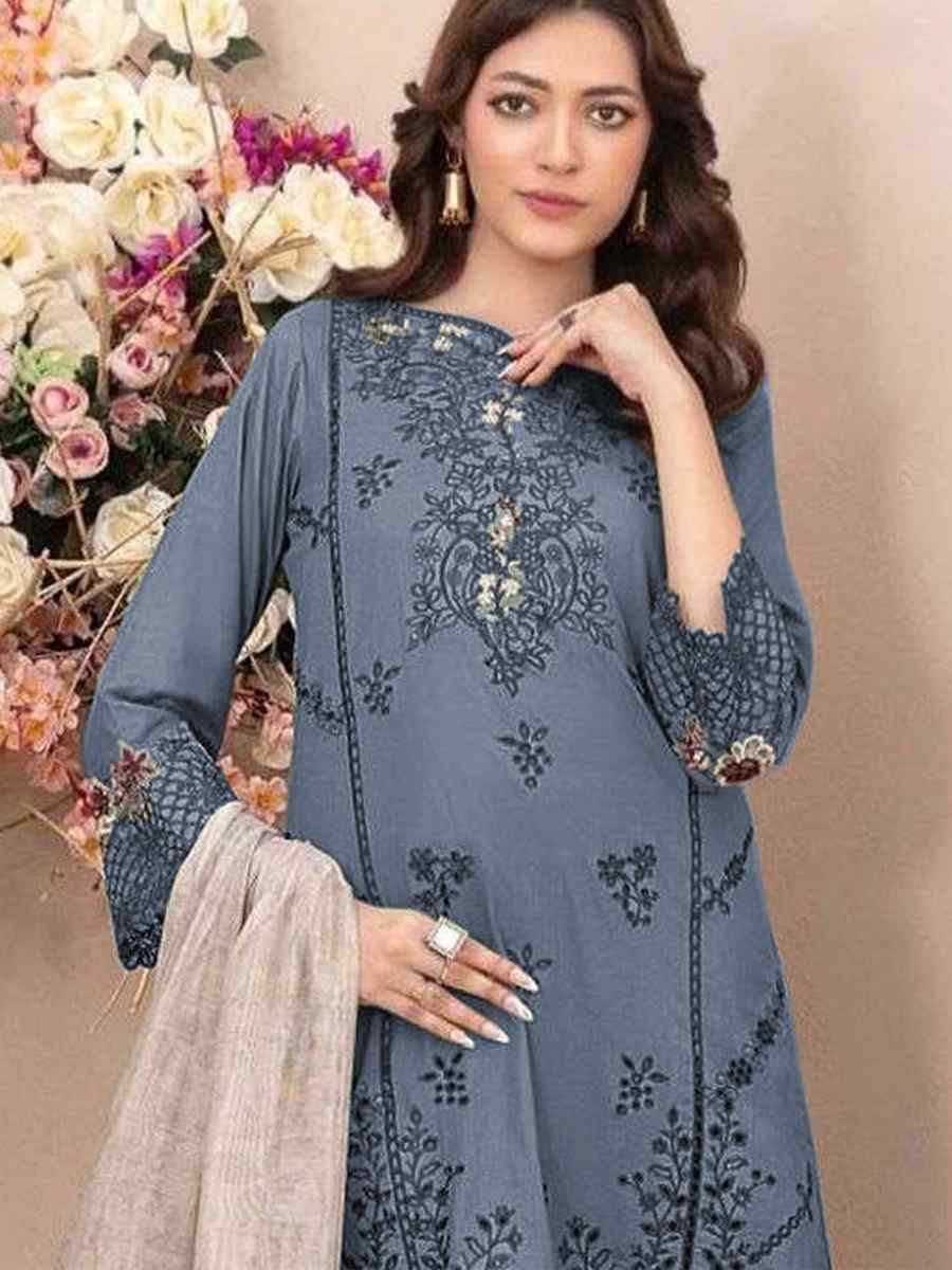 Blue Cotton Embroidery Party Wedding Festival Casual Pant Salwar Kameez