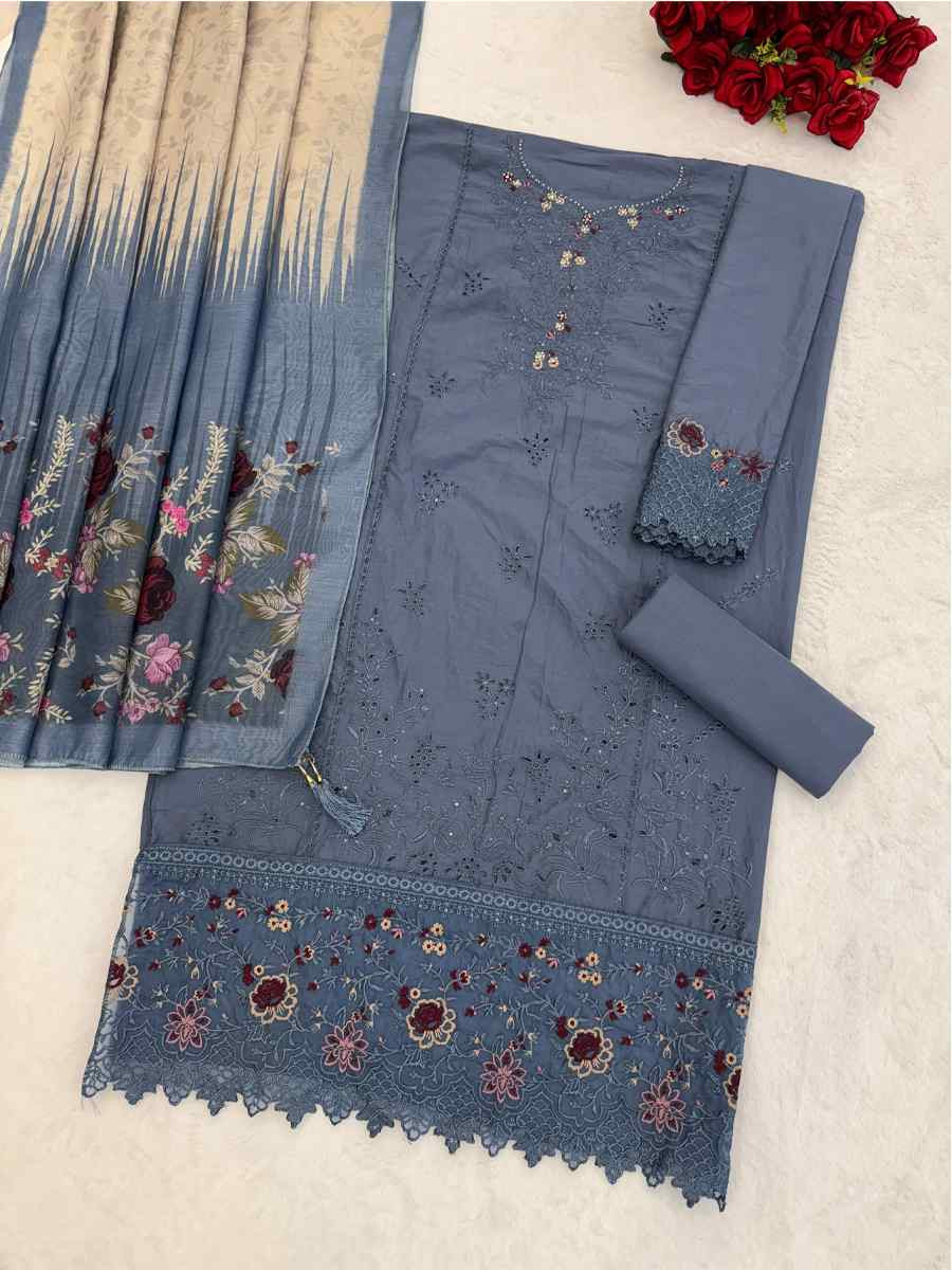 Blue Cotton Embroidery Party Wedding Festival Casual Pant Salwar Kameez