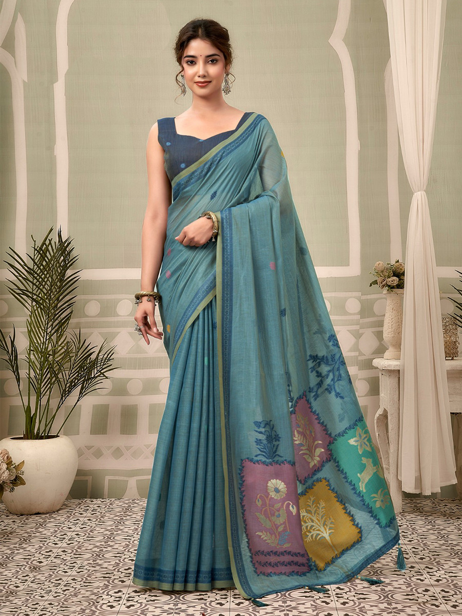 Blue Cotton Hand Block Printed Wedding Reception Party Festival Casual Heavy Border Sarees